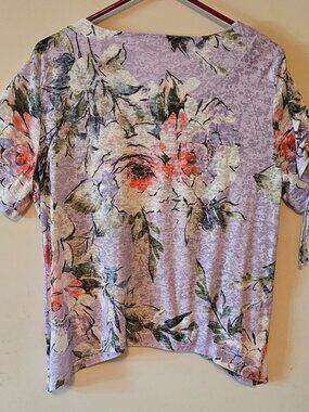 Alfred Dunner Purple Asymmetrical Ruched Floral Blouse Petite M